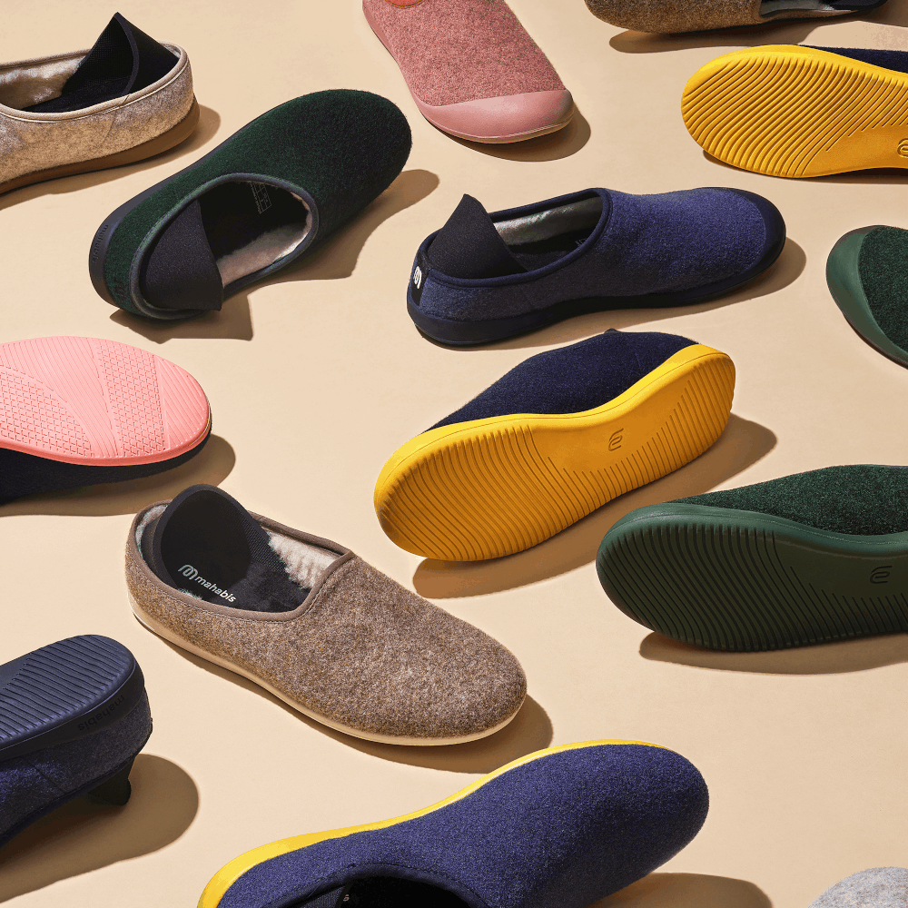 Animated commercial product photography of colourful Mahabis slippers arranged on a neutral background at London based studio.